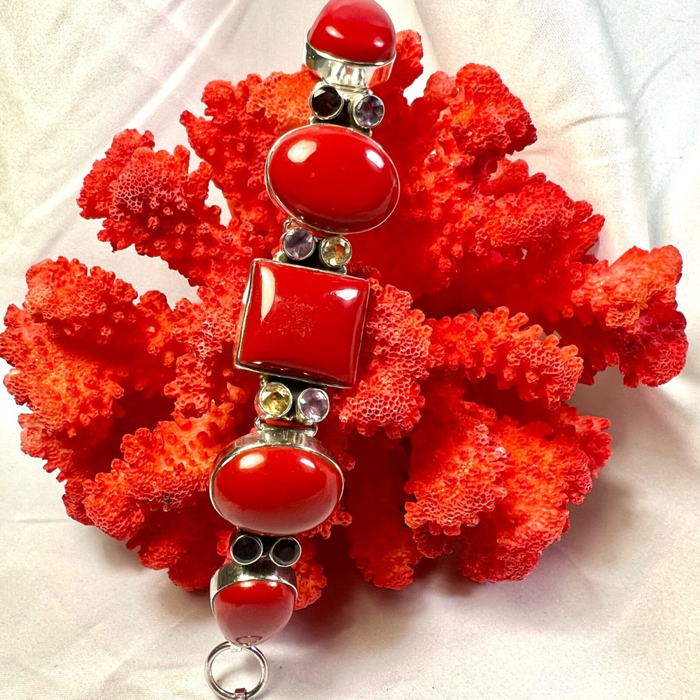 April birthstone red coral cabochon set of Ring & Bracelet 925 multicolored gems